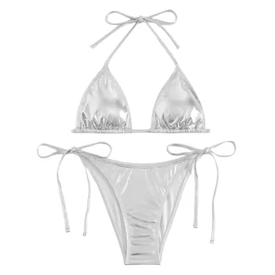 Bikini triangular metálico de mujer con top halter, dos piezas – Plateado