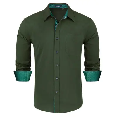Camisa de hombre manga larga abotonada ajuste regular con bolsillos – verde XL