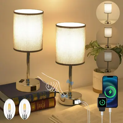Lámpara de Mesa LED Táctil Regulable con Puertos de Carga USB – Gris 2-Pack