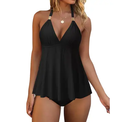 Tankini de Mujer Cuello en V Control de Barriga Push-Up – Negro