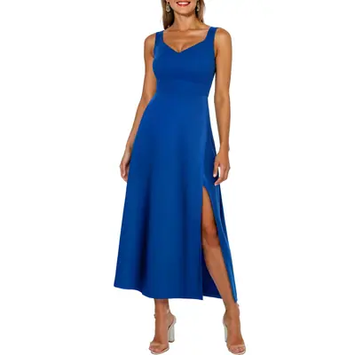 Vestido cóctel sin mangas con escote en V y abertura boda fiesta – Azul royal L