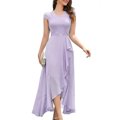 Vestido de noche escote en V encaje gasa alto-bajo fiesta boda – Lavanda L