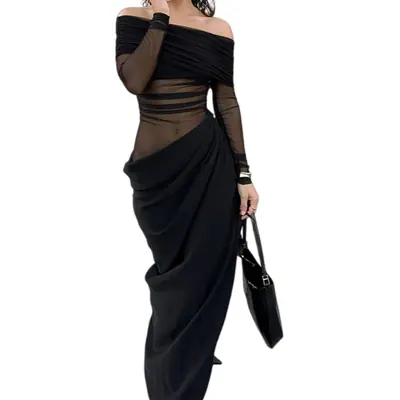 Vestido largo off-shoulder malla con cortes ajustado