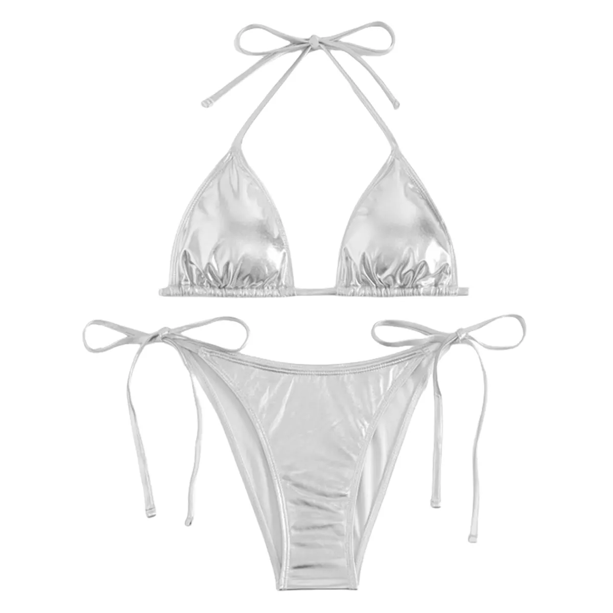 Bikini triangular metálico de mujer con top halter, dos piezas – Plateado