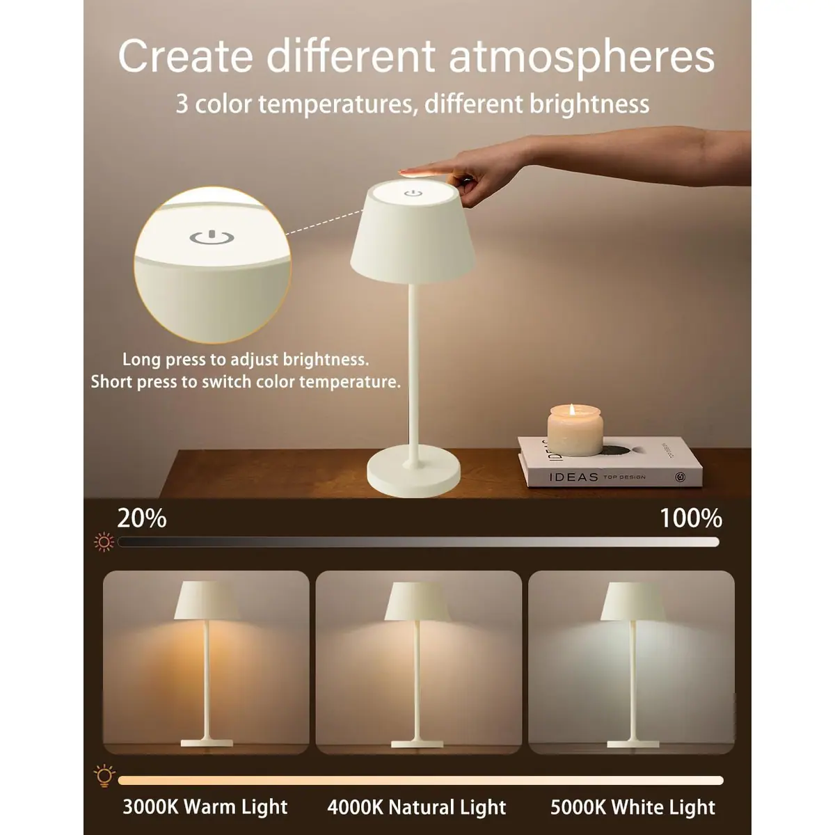 Lámpara de mesa LED recargable 5000mAh táctil regulable 2-pack – Blanco – foto 2