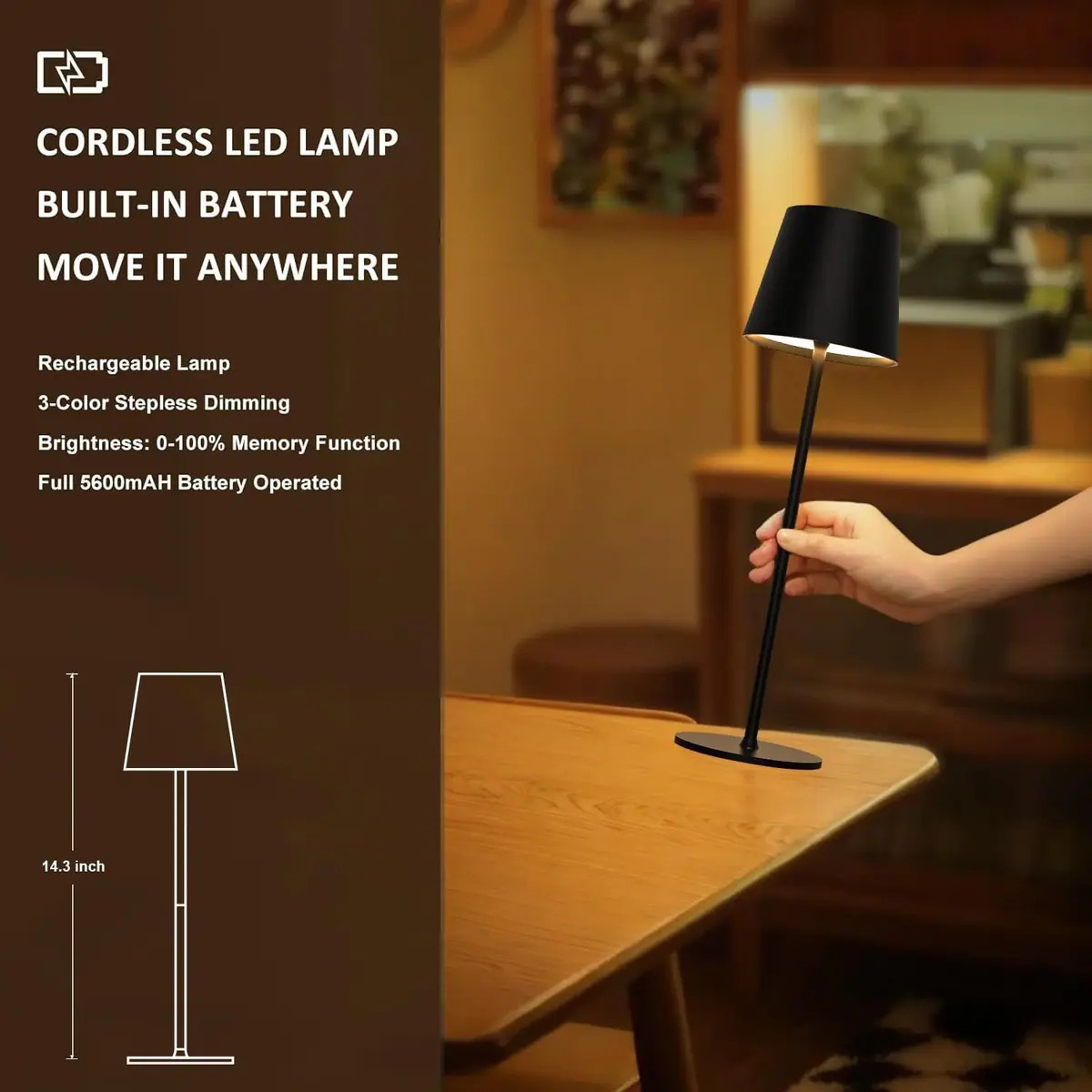 Lámpara de mesa LED regulable recargable 2-pack táctil inalámbrica USB-C - Negra IP44 impermeable – foto 4