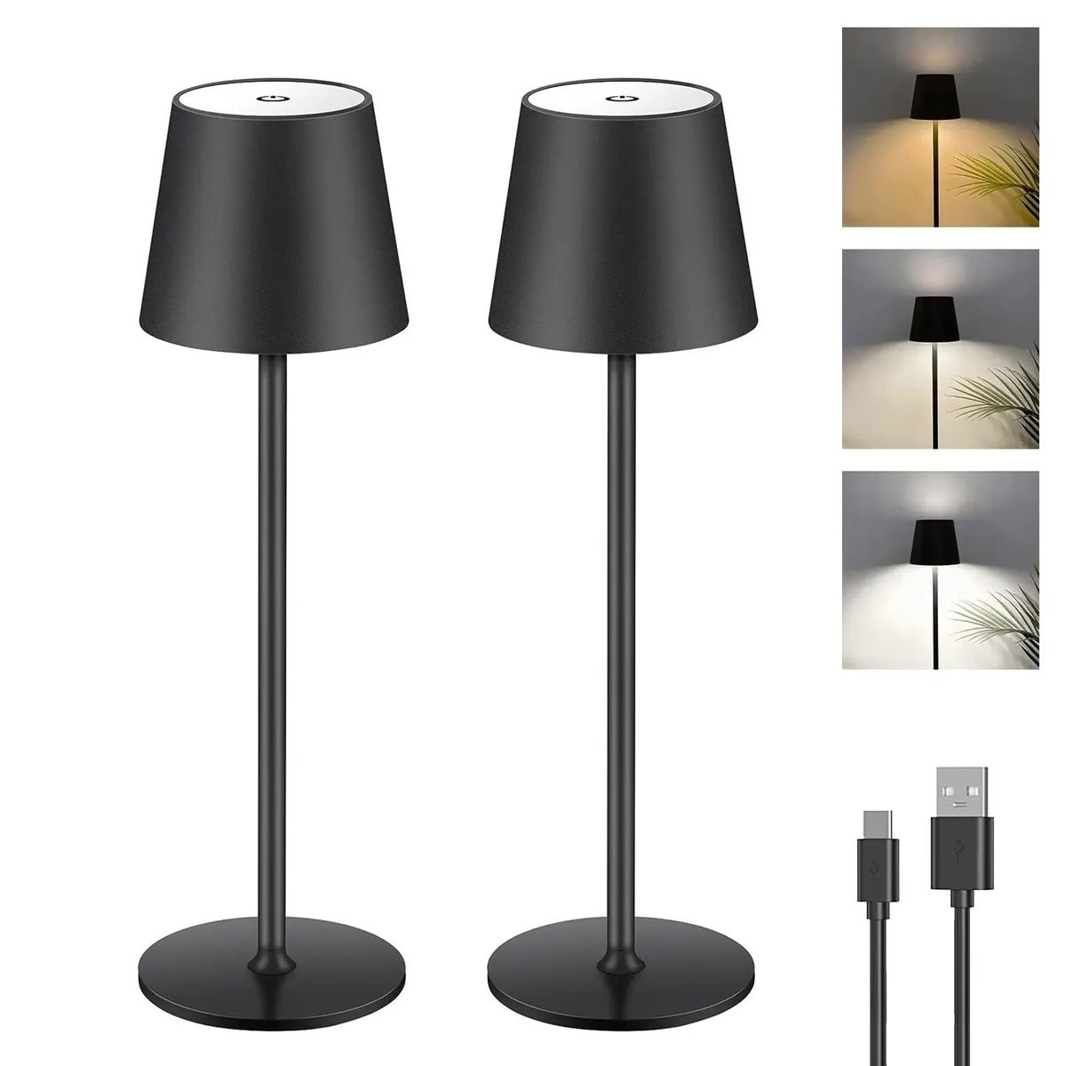 Lámpara de mesa LED regulable recargable 2-pack táctil inalámbrica USB-C - Negra IP44 impermeable