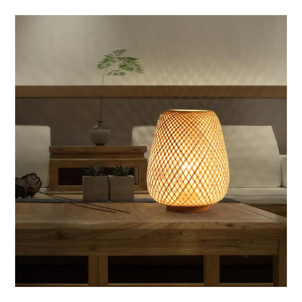 Lámpara de mesa linterna de bambú estilo japonés luz nocturna decorativa – Natural – foto 3