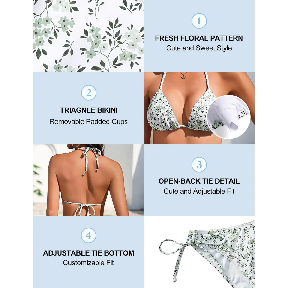 Set de bikini de 3 piezas para mujer floral top halter triangular, braga con cordones y falda pareo – floral – foto 4