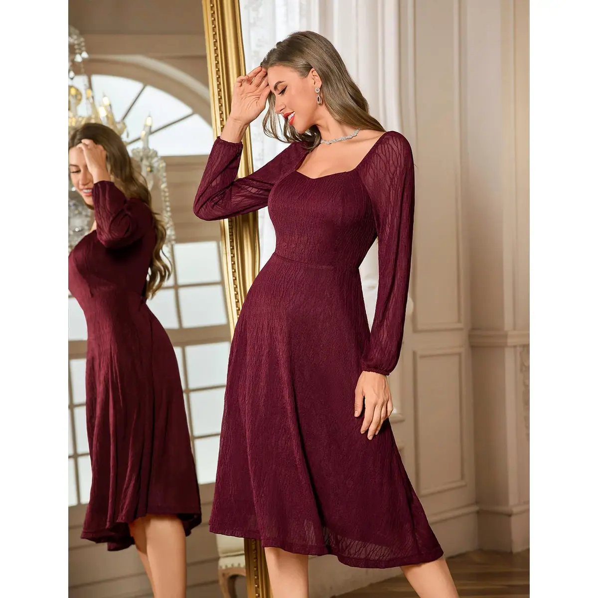 Vestido de Boda Formal Encaje A-Line Midi – Burdeos S – foto 2