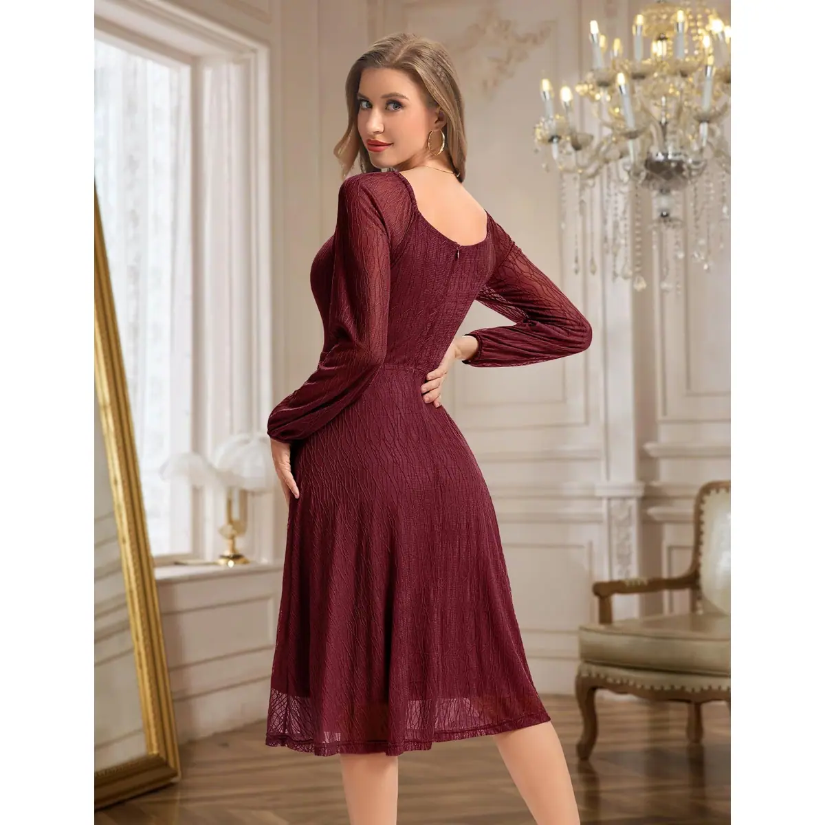 Vestido de Boda Formal Encaje A-Line Midi – Burdeos S – foto 3