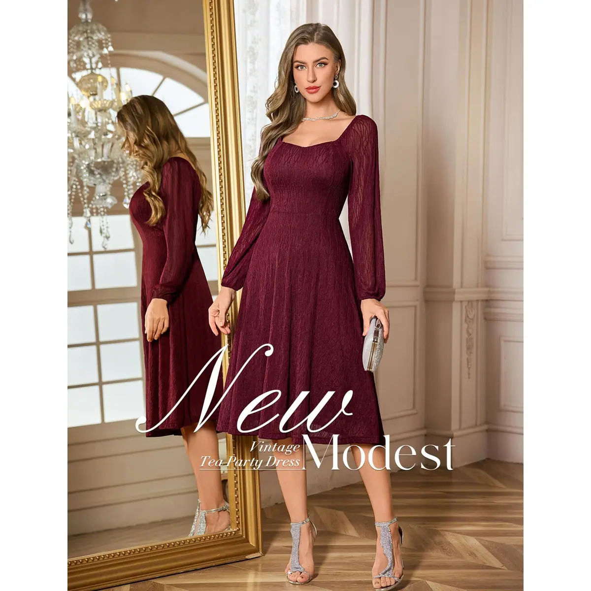 Vestido de Boda Formal Encaje A-Line Midi – Burdeos S – foto 4