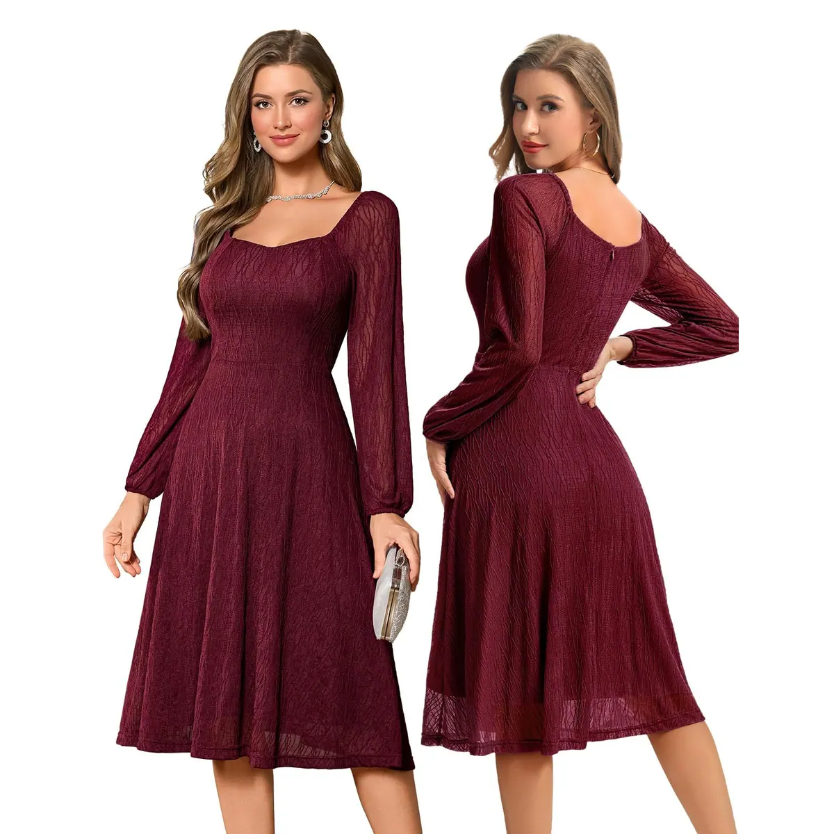 Vestido de Boda Formal Encaje A-Line Midi – Burdeos S